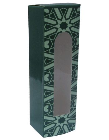 Green Printed design folding carton box with window. Size 1\deep x 1.5