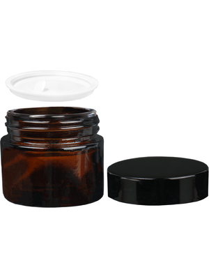 Glass, cream jar style 40 ml amber bottle with black cap.