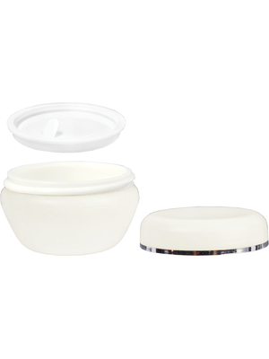 Plastic, cream jar style 20 ml bottle with white cap.