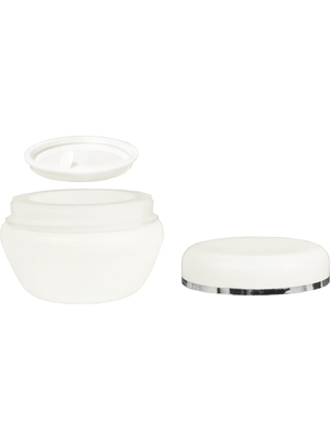 Plastic, cream jar style 4 mlbottle with white cap.