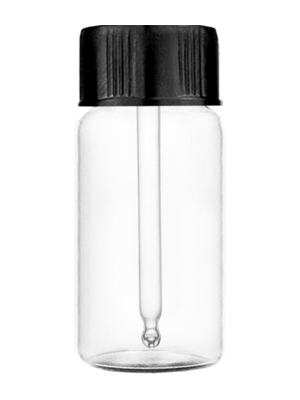 Cylinder design 9 ml clear glass vial with black cap with glass rod applicator.