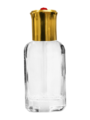 Octagonal style 12 ml glass bottle with shiny gold cap and red bead.