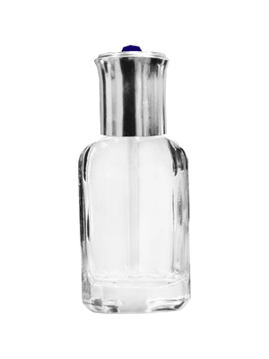 Octagonal style 12 ml glass bottle with shiny silver cap and red bead.