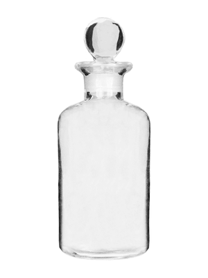 Apothecary style 60ml clear glass bottle with glass stopper.