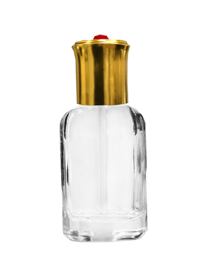 Octagonal style 3 ml glass bottle with shiny gold cap and red bead.
