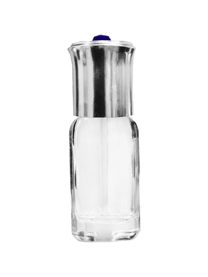 Octagonal style 3 ml glass bottle with shiny silver cap and red bead.