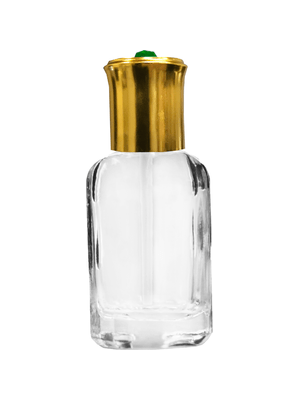 Octagonal style 6 ml glass bottle with shiny gold cap and red bead.