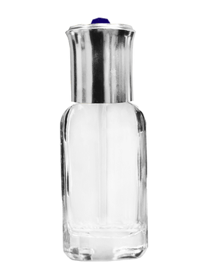 Octagonal style 6 ml glass bottle with shiny silver cap and red bead.