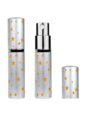 Silver atomizer design 5 ml bottle with star patterns.