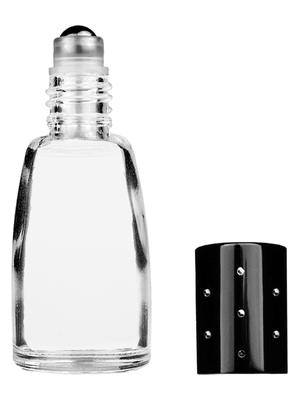 Bell design 12ml, 1/2oz Clear glass bottle with metal roller ball plug and black shiny cap with dots.