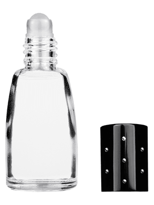 Bell design 12ml, 1/2oz Clear glass bottle with plastic roller ball plug and black shiny cap with dots.
