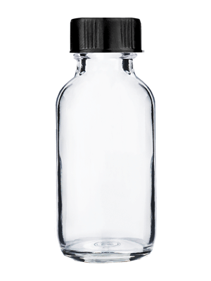 Boston round design 30ml, 1oz Clear glass bottle with short black cap.