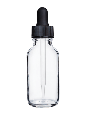 Boston round design 30ml, 1oz Clear glass bottle with black dropper.