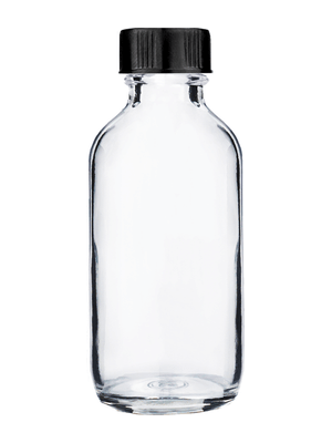 Boston round design 60ml, 2oz Clear glass bottle with short black cap.