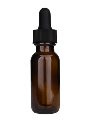 Boston round design 15ml, 1/2 oz  Amber glass bottle with a black dropper.