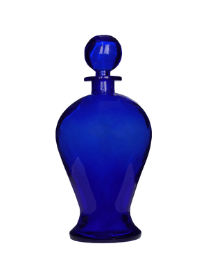 Pear shaped blue bottle with glass stopper. Capacity : 12oz (336ml)