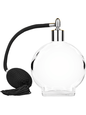 Circle design 100 ml, 3 1/2oz  clear glass bottle  with Black vintage style bulb sprayer with tasseland shiny silver collar cap.