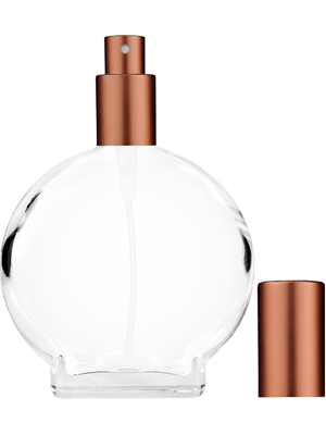 Circle design 100 ml, 3 1/2oz  clear glass bottle  with matte copper spray pump.