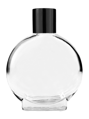 Empty Clear glass bottle with short shiny black cap capacity: 15ml, 1/2oz. For use with perfume or fragrance oil, essential oils, aromatic oils and aromatherapy.