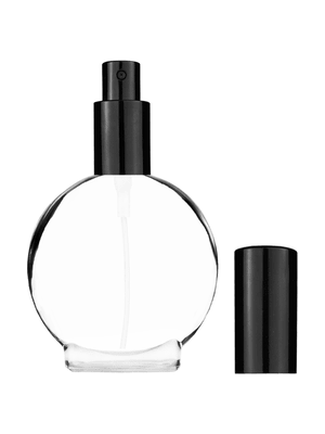 Circle design 30 ml, clear glass bottle with sprayer and black cap.