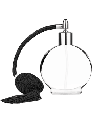 Circle design 50 ml, 1.7oz  clear glass bottle  with Black vintage style bulb sprayer with tasseland shiny silver collar cap.