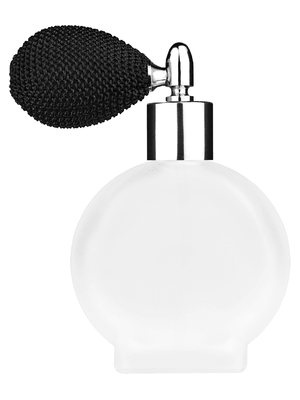 Circle design 50 ml, 1.7oz  frosted glass bottle with  black vintage style bulb sprayer with shiny silver collar cap.