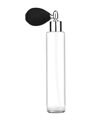 Cylinder design 100 ml, 3 1/2oz  clear glass bottle  with black vintage style bulb sprayer with shiny silver collar cap.