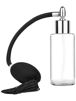 Cylinder design 25 ml 1oz  clear glass bottle  with black vintage style bulb sprayer tassel with shiny silver collar cap.