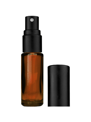 Cylinder design 5ml, 1/6oz Amber glass bottle with matte black spray.