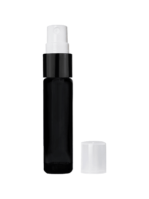 Cylinder design 9ml,1/3 oz black glass bottle with fine mist sprayer with black trim and plastic overcap.
