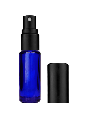 Cylinder design 5ml, 1/6oz Blue glass bottle with matte black spray.