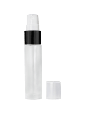 Cylinder design 9ml,1/3 oz frosted glass bottle with fine mist sprayer with black trim and plastic overcap.