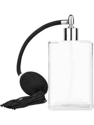 Elegant design 100 ml, 3 1/2oz  clear glass bottle  with Black vintage style bulb sprayer with tassel with shiny silver collar cap.