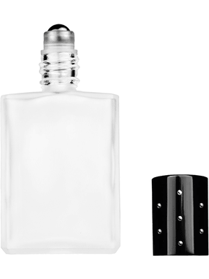 Elegant design 15ml, 1/2oz frosted glass bottle with metal roller ball plug and black shiny cap with dots.
