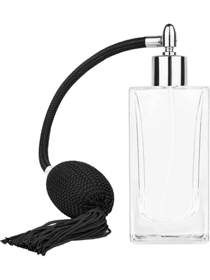 Empire design 100 ml, 3 1/2oz  clear glass bottle  with Black vintage style bulb sprayer with tassel with shiny silver collar cap.