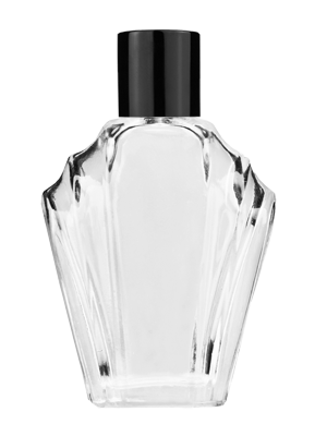 Empty Clear glass bottle with short shiny black cap capacity: 15ml, 1/2oz. For use with perfume or fragrance oil, essential oils, aromatic oils and aromatherapy.