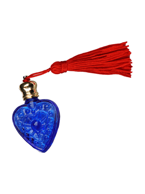 Heart design 4 ml, Blue glass bottle with red tassel.