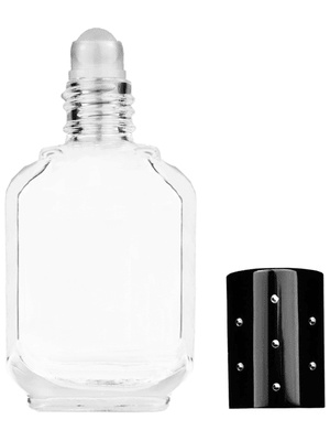 Footed rectangular design 15ml, 1/2oz Clear glass bottle with plastic roller ball plug and black shiny cap with dots.