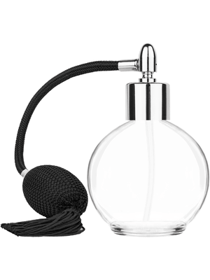 Round design 78 ml, 2.65oz  clear glass bottle  with Black vintage style bulb sprayer with tasseland shiny silver collar cap.
