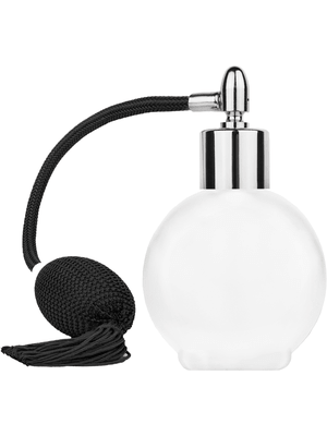 Round design 78 ml, 2.65oz frosted glass bottle with Black vintage style bulb sprayer with tasseland shiny silver collar cap.