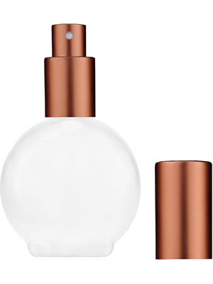 Round design 78 ml, 2.65oz frosted glass bottle with matte copper spray pump.