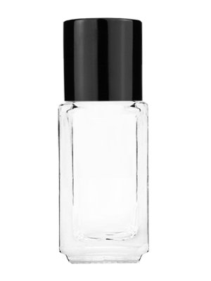 Empty Clear glass bottle with short shiny black cap capacity: 5ml, 1/6oz. For use with perfume or fragrance oil, essential oils, aromatic oils and aromatherapy.