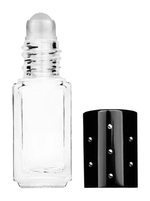 Sleek design 5ml, 1/6oz Clear glass bottle with plastic roller ball plug and black shiny cap with dots.