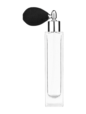 Sleek design 100 ml, 3 1/2oz  clear glass bottle  with black vintage style bulb sprayer with shiny silver collar cap.