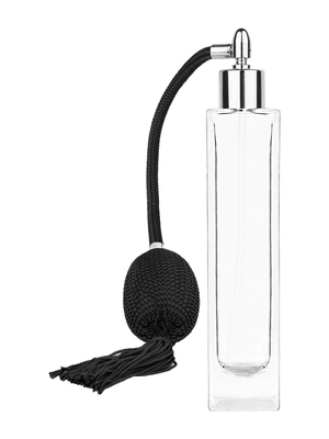 Sleek design 100 ml, 3 1/2oz  clear glass bottle  with Black vintage style bulb sprayer with tasseland shiny silver collar cap.
