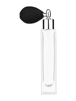 Sleek design 50 ml, 1.7oz  clear glass bottle  with black vintage style bulb sprayer with shiny silver collar cap.