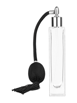 Sleek design 50 ml, 1.7oz  clear glass bottle  with Black vintage style bulb sprayer with tasseland shiny silver collar cap.