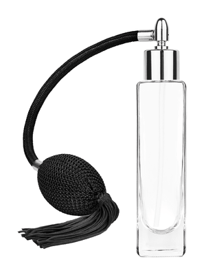 Slim design 50 ml, 1.7oz  clear glass bottle  with Black vintage style bulb sprayer with tasseland shiny silver collar cap.