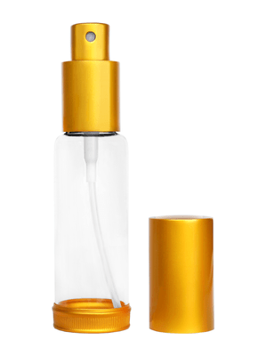 Clear Glass Spray Bottle with Gold Top and Base. Capacity: 1oz (30ml)