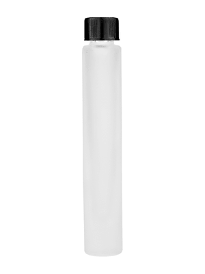 Tall cylinder design 9ml, 1/3oz frosted glass bottle with short black cap.